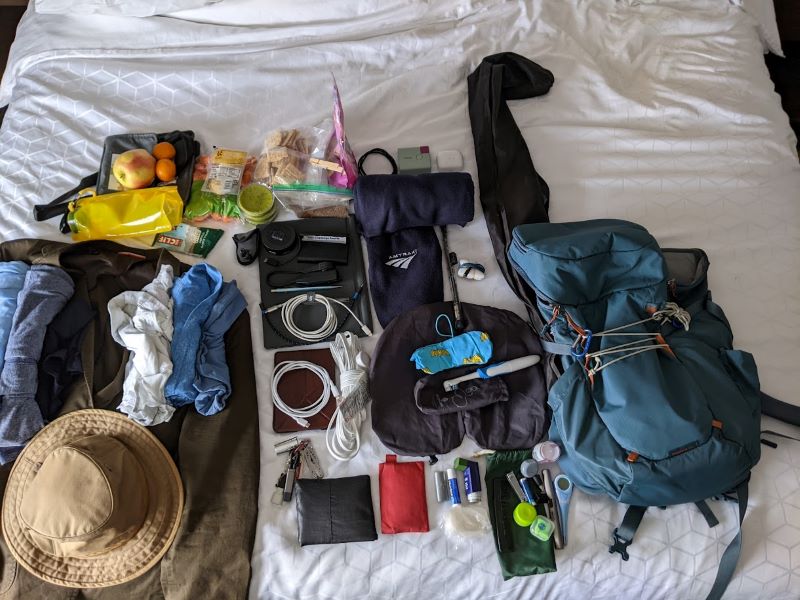 Contents of my backpack: only a few articles of clothing, some wires, food, and the things I list below