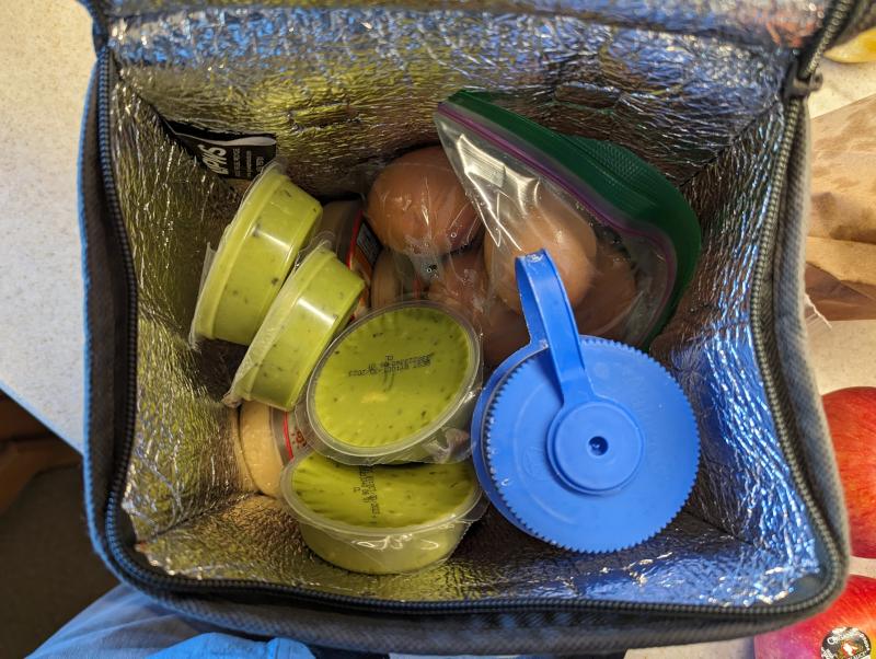 An insulated lunchbox with 6 eggs, an uninsulated canteen full of ice, and some single-serve packets of hummus and guacamole
