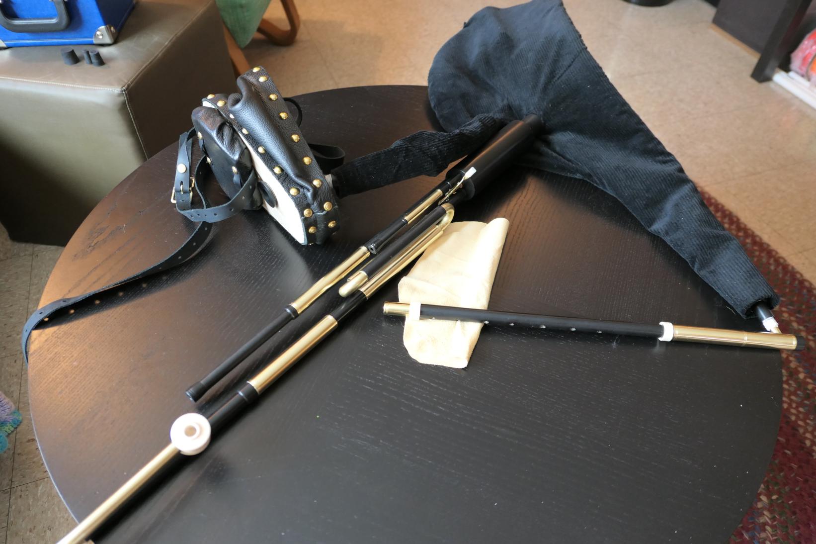 Uilleann bagpipes: half set. Black plastic and brass, mostly. The bag is covered in corderouy.